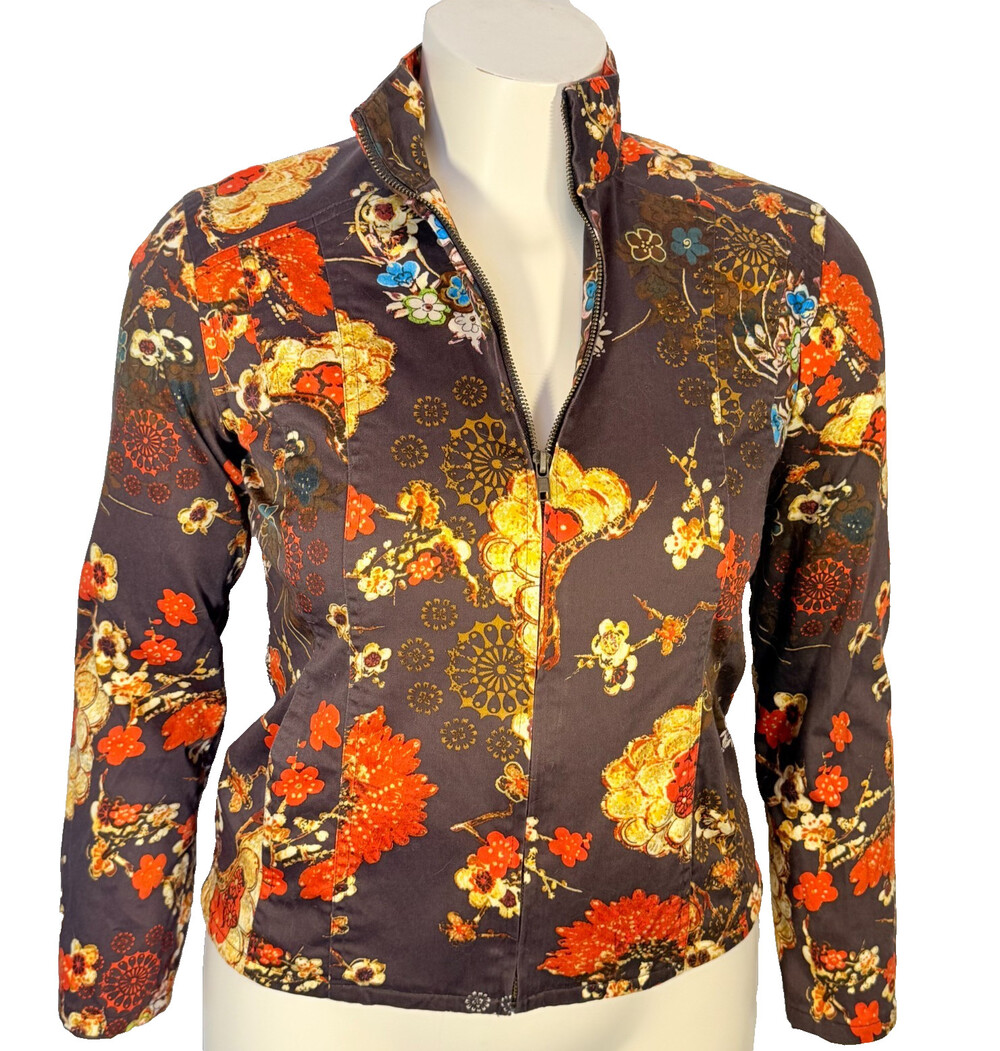 Chico's Jacket Blazer Women's S (0) Brown Red Gold Floral Cherry Blossom Zip Up